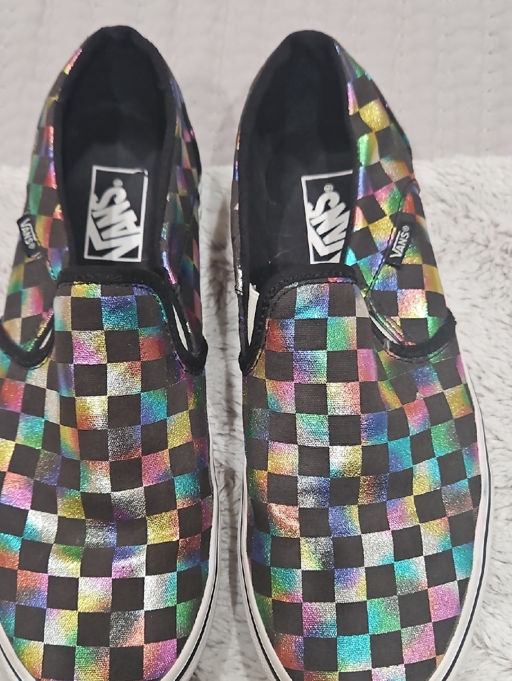Vans Kids Slip-On Checkerboard Iridescent Sneakers - Black & Multicolor